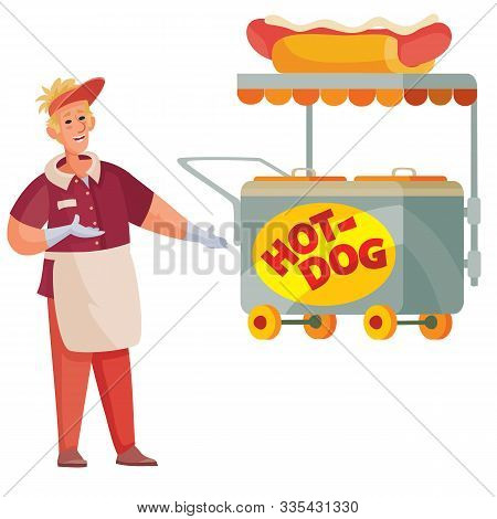 Set Of Seller Of Hot Dogs And A Street Cart For Selling Fast Food, Isolated Object On A White Backgr