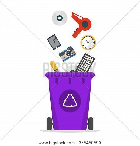 E-waste Falling In The Trash Bin Vector Isolated. Recycling