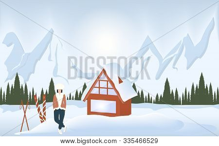 Ski Station - Mountains, Girl, Ski, Country House, Forest - Vector. Christmas. New Year. Rest At Nat