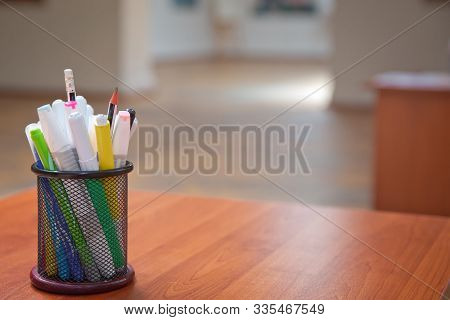 Box For Pens And Pencils . Colored Pencils In A Pencil Case On The Wooden Table . Color Pencils In B