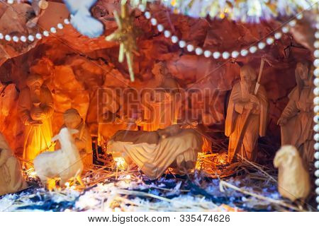 Christmas Vertep, Scene Of Birth Of Jesus Christ Toys. Holiday Composition, Religious Scene With Vir