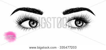 Hand-drawn Black And White Image Of The Eyes, Looking To The Side, With Eyebrows And Long Eyelashes.
