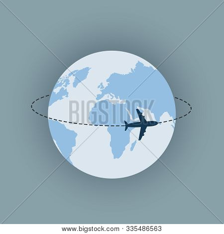 The Plane Is Flying. The Plane Flew Around The Earth. The Plane Flies And Leaves A Blue Dotted Trace