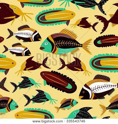 Golden Brown Decorative Fish Vector Pattern Which Repeats From All Sides In A Seamless Manner.