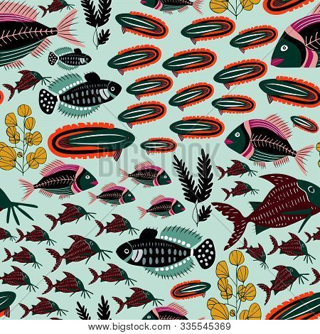 Colorful Decorative Fish Pattern Which Repeats From All Sides In A Vector Format.