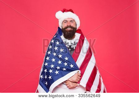 Christmas Holiday. Guy Celebrate Christmas. Cheerful Hipster. Patriotism Is Easy To Understand In Am