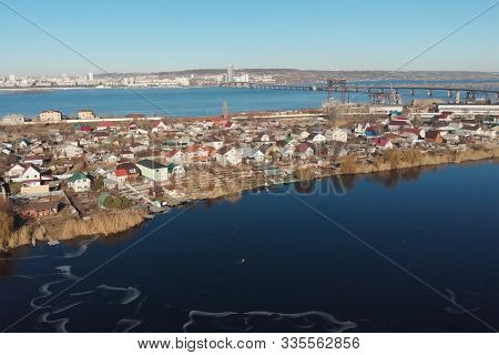 Aerial View Of Private Houses And Saratov Engels Bridge. Russia, Saratov Region-november, 2019