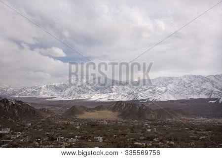View Landscape And Cityscape Of Leh Ladakh Village With High Mountain Range From Viewpoint Shanti St