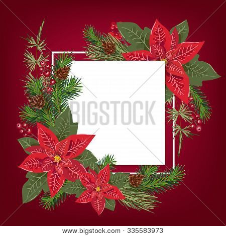 Merry Christmas Greeting Card Design With Floral Poinsetia Bouquet Decoration And White Background W