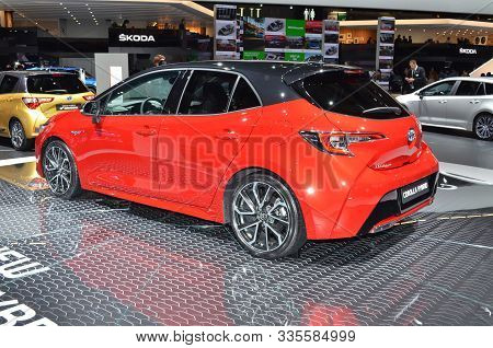 Paris, France - October 02, 2018: Toyota Corolla Hybrid Hatchback At Paris Motor Show