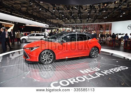Paris, France - October 02, 2018: Toyota Corolla Hybrid Hatchback At Paris Motor Show