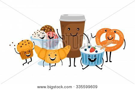 Coffee Time. Cute Morning Drink And Desserts. Isolated Take Away Coffee, Muffin And Ice Cream Vector