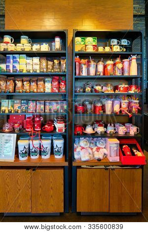 SHENZHEN, CHINA - CIRCA NOVEMBER, 2019: goods on display in Starbucks at Wongtee Plaza shopping mall in Shenzhen
