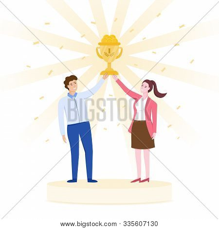 Team Celebrating Success Concept, Male And Female Holding A Golden Cup Together.