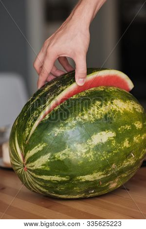 Hands Holding A Watermelon. The Watermelon Was Cut And Separated. Watermelon Is Red, Green And Wet. 