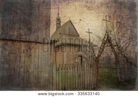 Beautiful Old Historic Historical Wooden Church On A Gray Autumn November Day, Poland