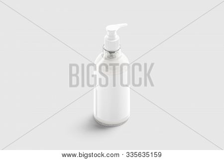 Blank Glass Cream Soap Bottle With White Label Mockup, Gray Background, 3d Rendering. Empty Press Ca