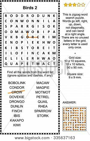 Birds Zigzag Word Search Puzzle 2 (suitable Both For Kids And Adults). Answer Included.