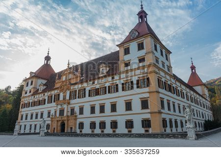 Graz, Austria - October 14, 2019:  Eggenberg Palace And Colorful Autumn Colors In The Park