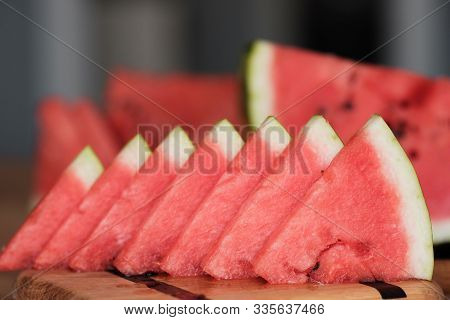 Sliced Into Pieces A Watermelon. Picnic. Top View