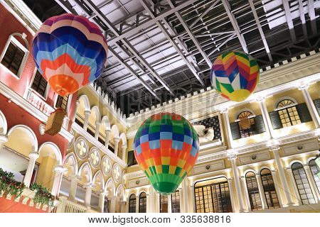 Taipei, Taiwan - December 5, 2018: Hot Air Balloons Decoration In Mega City Mall In Banqiao District