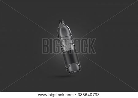Blank Transparent Plastic Bottle With Black Label Mockup, No Gravity, Dark Background, 3d Rendering.