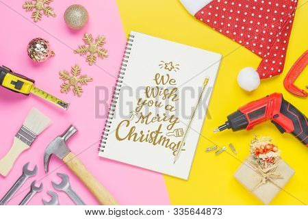 Merry Christmas And Happy New Years Handy Constrcution Tools Background Concept. Handy House Fix Diy