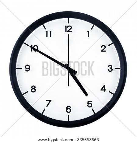 Classic analog clock pointing at four fifty, isolated on white background.