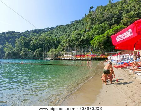 Portofino, Italy - September 16, 2019: The Sand Beach Known As Paraggi Near Portofino In Genoa, Ital