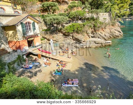 Portofino, Italy - September 16, 2019: The Sand Beach Known As Paraggi Near Portofino In Genoa On A 
