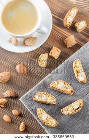 Cup Of Coffee With Cantuccini Cookies Flat Lay