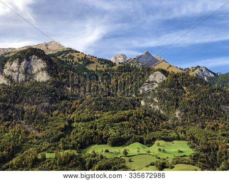 Alpine Peaks Matthorn, Esel And Steiglihorn In The Mountain Massif Or Mountain Pilatus Over The Lake