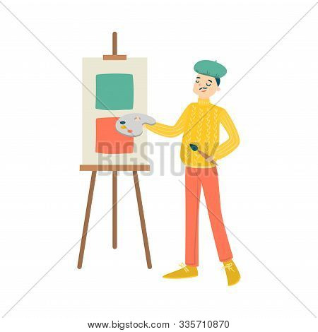 Man In Sweater And Cap Drawing On Easel Vector Illustration