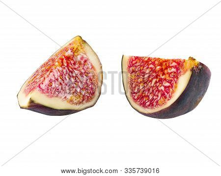 Two Slices Of Purple Fig Isolated On White Background With Copy Space. Soft, Sweet Fruit, Skin Is Th
