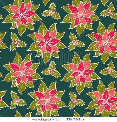 Vector Vintage Seamless Patttern With Red Poinsettia. Retro Seamless Christmas Patttern With Red Flo