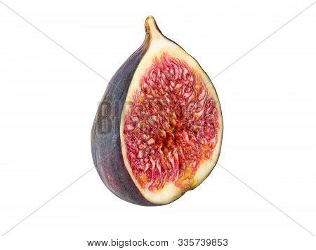 Half Of A Purple Fig Isolated On White Background With Copy Space. Soft, Sweet Fruit, Skin Is Thin, 