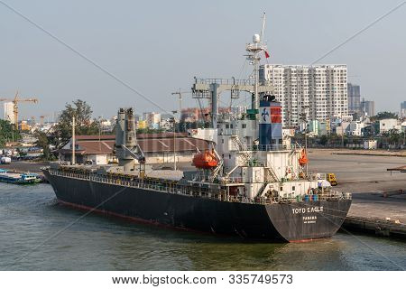Ho Chi Minh City, Vietnam - March 13, 2019: Downtown Port On Song Sai Gon River At Sunset. Toyo Eagl