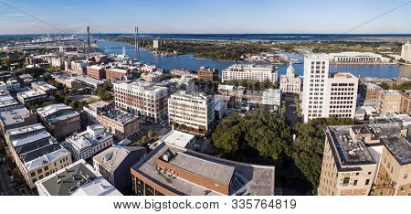 Aerial panorama of the downtown area of Savannah Georgia including the river and Talmadge Bridge.
