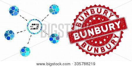 Collage Dash Connections And Rubber Stamp Watermark With Bunbury Phrase. Mosaic Vector Is Created Wi