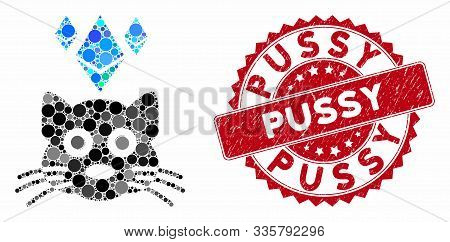 Mosaic Ethereum Crypto Kitty And Grunge Stamp Seal With Pussy Caption. Mosaic Vector Is Created With