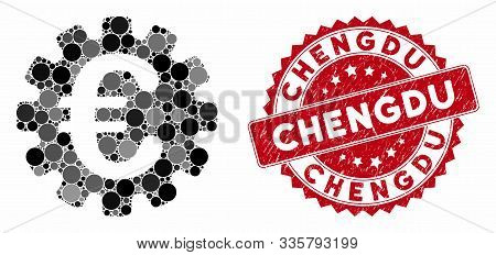 Mosaic Euro Gear And Distressed Stamp Seal With Chengdu Caption. Mosaic Vector Is Formed With Euro G