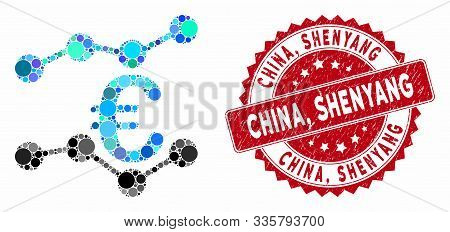 Mosaic Euro Trends And Rubber Stamp Watermark With China, Shenyang Text. Mosaic Vector Is Composed W