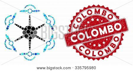 Collage Flying Hexacopter And Rubber Stamp Seal With Colombo Phrase. Mosaic Vector Is Formed With Fl