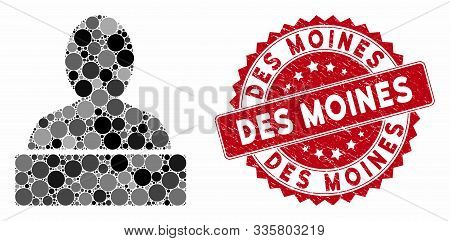 Mosaic Monument And Grunge Stamp Seal With Des Moines Phrase. Mosaic Vector Is Designed With Monumen