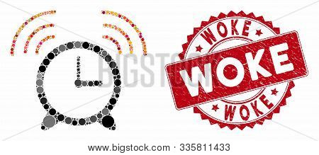 Mosaic Wake Up Clock And Rubber Stamp Seal With Woke Text. Mosaic Vector Is Created With Wake Up Clo