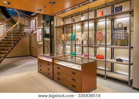 SINGAPORE - CIRCA APRIL, 2019: bags on display at Bottega Veneta store in The Shoppes at Marina Bay Sands.