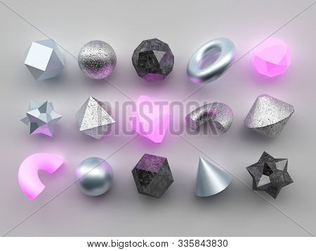 Set Of 3d Render Realistic Primitives On White Background. Isolated Graphic Elements. Spheres, Torus