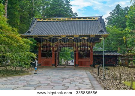 Nikko, Japan - September 29, 2019: View Of The Niomon Gate In The Taiyuinbyo Shrine, With Visitors, 