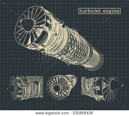 Stylized Vector Illustration Of Drawings Of A Turbojet Engine