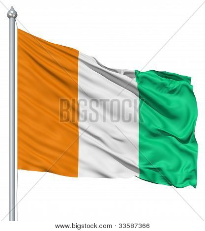 Flag of Cote dIvoire with flagpole waving in the wind against white background